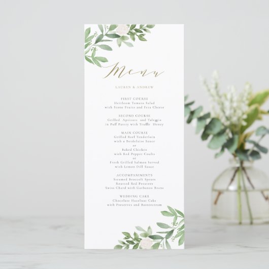 Waterverf Greenery en White Flowers Wedding Menu (Staand voorkant)