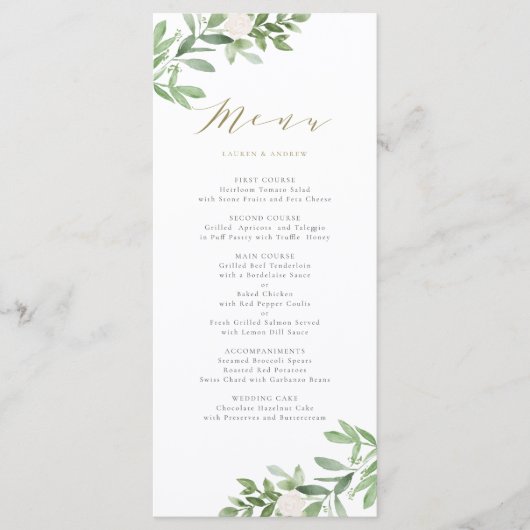Waterverf Greenery en White Flowers Wedding Menu (Voorkant)