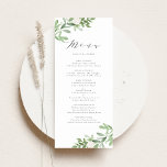 Waterverf Greenery en White Flowers Wedding Menu<br><div class="desc">Verhoog uw evenement met onze aanpasbare menukaart, prachtig ontworpen met delicaat waterverf groen en zacht witte bloemen. Deze elegante menukaart heeft een op natuur geïnspireerd voorontwerp, terwijl de achterkant een bijpassend patroon toont voor een samenhangende look. Deze groene menukaart is ideaal voor bruiloften, vrijgezellenfeesten of tuinfeesten en voegt een persoonlijke...</div>