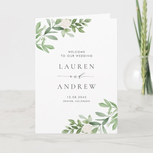 Waterverf Greenery en White Flowers Wedding Programma (Voorkant)
