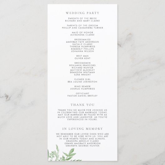Waterverf Greenery en White Flowers Wedding Programmakaart (Achterkant)