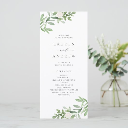Waterverf Greenery en White Flowers Wedding Programmakaart (Staand voorkant)