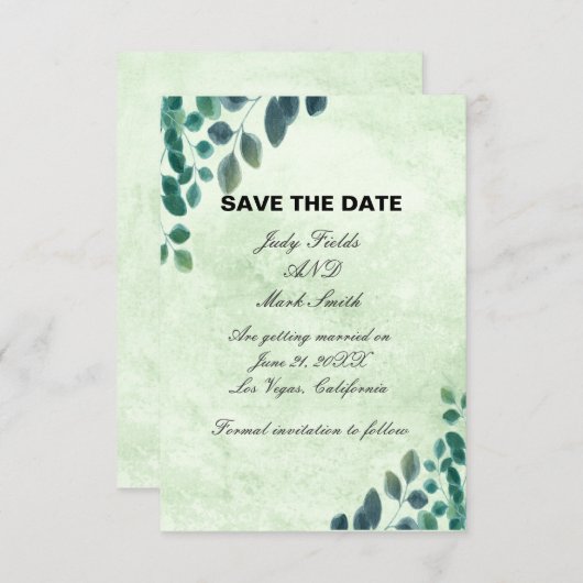 Waterverf Greenery Eucalyptus geeft de datum op Informatiekaartje (Voorkant / Achterkant)