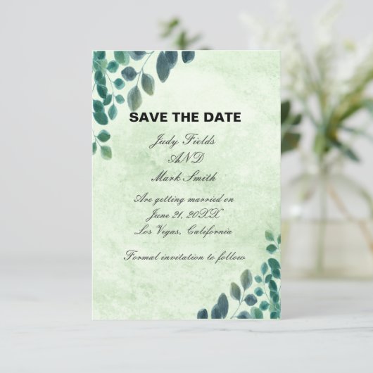 Waterverf Greenery Eucalyptus geeft de datum op Informatiekaartje (Staand voorkant)