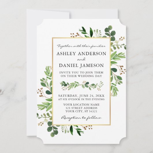 Waterverf Greenery Eucalyptus Gold Lijst Wedding Kaart (Voorkant)
