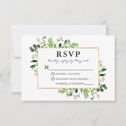 Waterverf Greenery Eucalyptus Gold Lijst Wedding RSVP Kaartje (Voorkant)