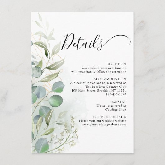 Waterverf Greenery Eucalyptus Gold Wedding Informatiekaartje (Voorkant)