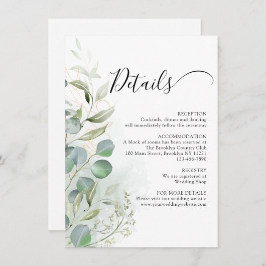 Waterverf Greenery Eucalyptus Gold Wedding Informatiekaartje (Voorkant / Achterkant)