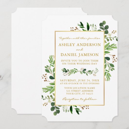 Waterverf Greenery Eucalyptus Gold Wedding Kaart (Voorkant / Achterkant)