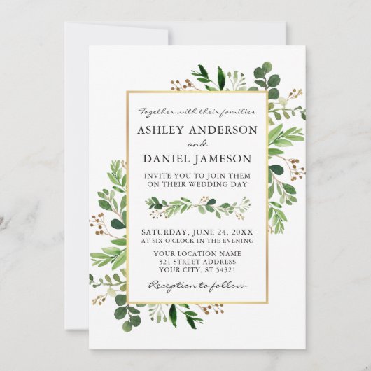Waterverf Greenery Eucalyptus Gold Wedding Kaart (Voorkant)