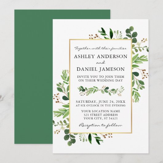 Waterverf Greenery Eucalyptus Gold Wedding Kaart (Voorkant / Achterkant)