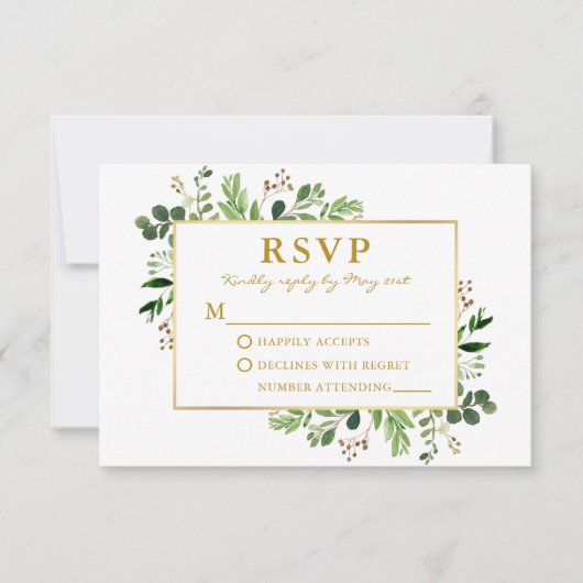 Waterverf Greenery Eucalyptus Gold Wedding RSVP Kaartje (Voorkant)