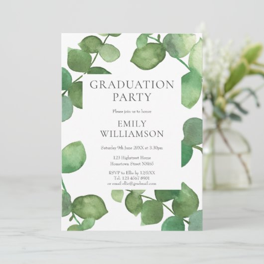 Waterverf Greenery Eucalyptus Graduation Party Kaart (Staand voorkant)