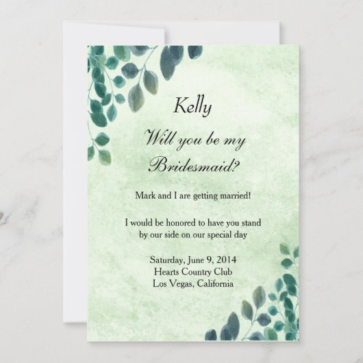 Waterverf Greenery Eucalyptus Leaves Bridesmaid Kaart (Voorkant)