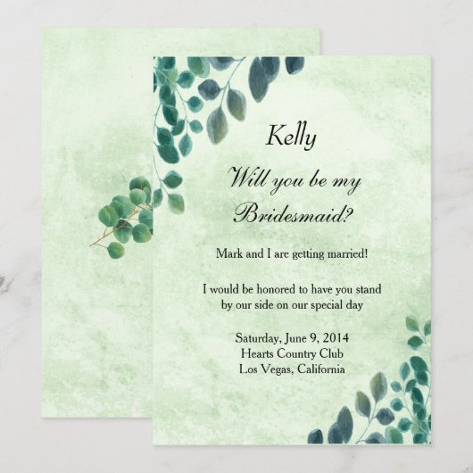 Waterverf Greenery Eucalyptus Leaves Bridesmaid Kaart (Voorkant / Achterkant)