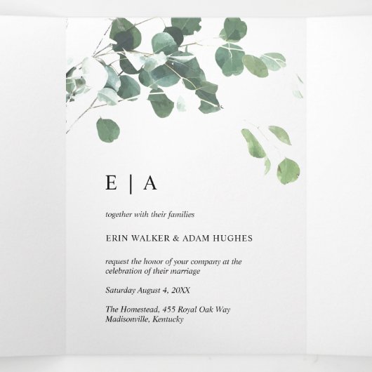 Waterverf Greenery Eucalyptus Leaves Wedding Drieluik Uitnodiging (Binnenkant midden)