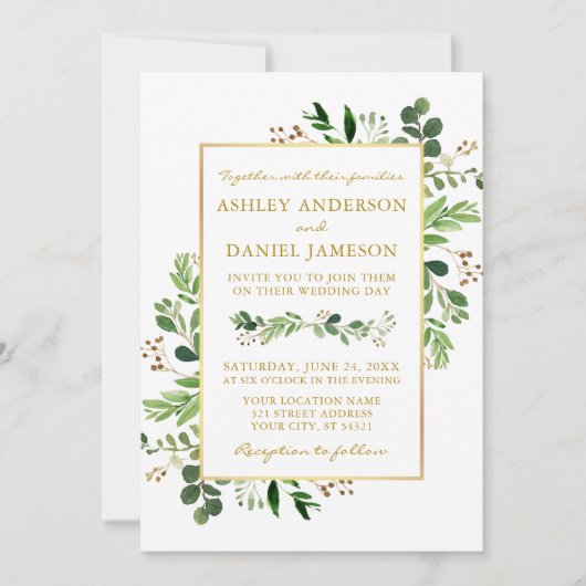 Waterverf Greenery Eucalyptus Wedding Gold Kaart (Voorkant)