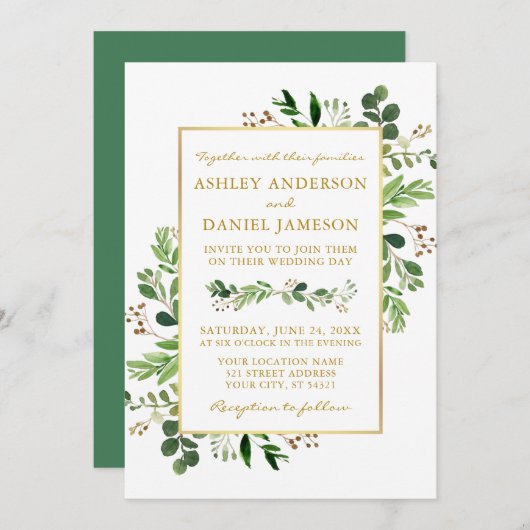 Waterverf Greenery Eucalyptus Wedding Gold Kaart (Voorkant / Achterkant)