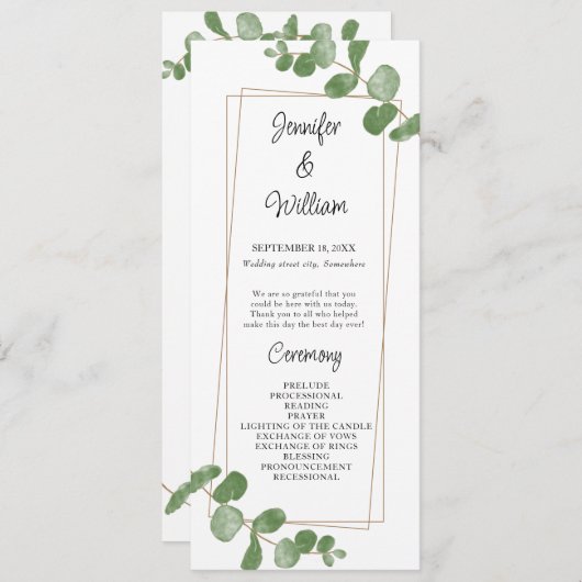 Waterverf Greenery Eucalyptus Wedding Programme Programmakaart (Voorkant / Achterkant)