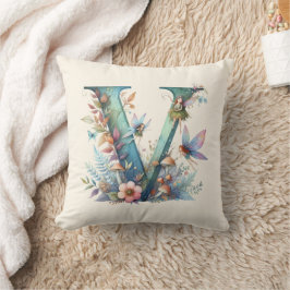 Waterverf Greenery Fairies Monogram Letter V Kussen