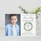 Waterverf Greenery First Communy Silver Foto Kaart (Staand voorkant)