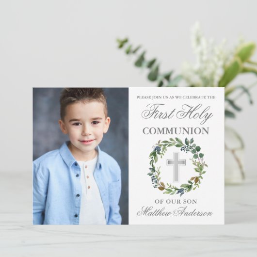 Waterverf Greenery First Communy Silver Foto Kaart (Staand voorkant)