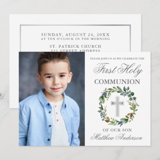 Waterverf Greenery First Communy Silver Foto Kaart (Voorkant / Achterkant)