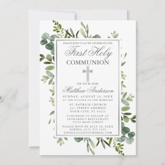 Waterverf Greenery First Communy Silver Kaart (Voorkant)