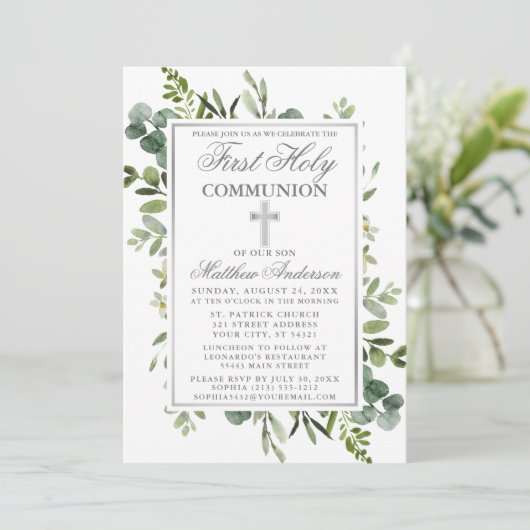 Waterverf Greenery First Communy Silver Kaart (Staand voorkant)