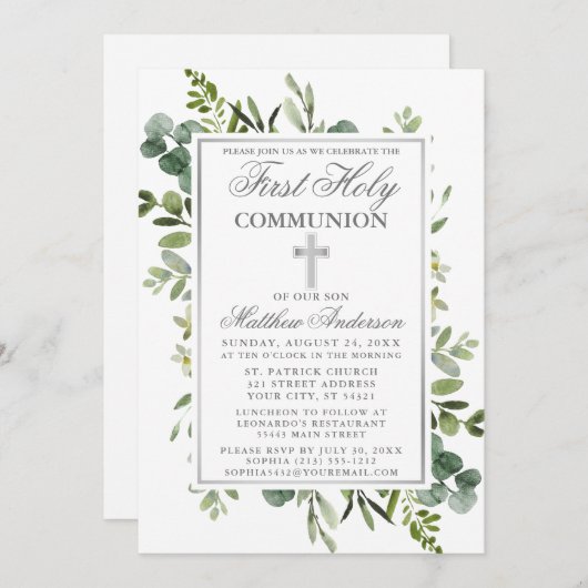 Waterverf Greenery First Communy Silver Kaart (Voorkant / Achterkant)