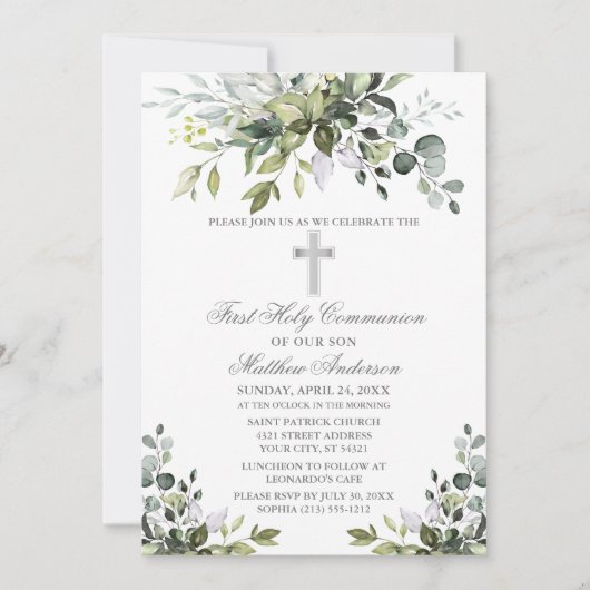 Waterverf Greenery First Communy Silver Kaart (Voorkant)