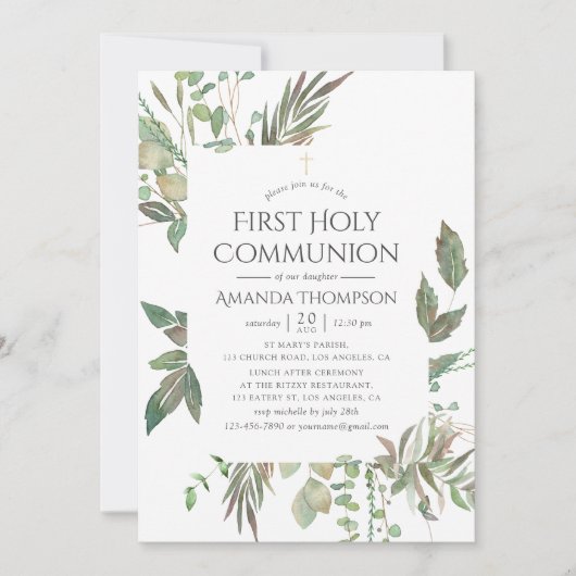Waterverf Greenery First Heilige Communie Kaart (Voorkant)