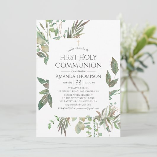Waterverf Greenery First Heilige Communie Kaart (Staand voorkant)