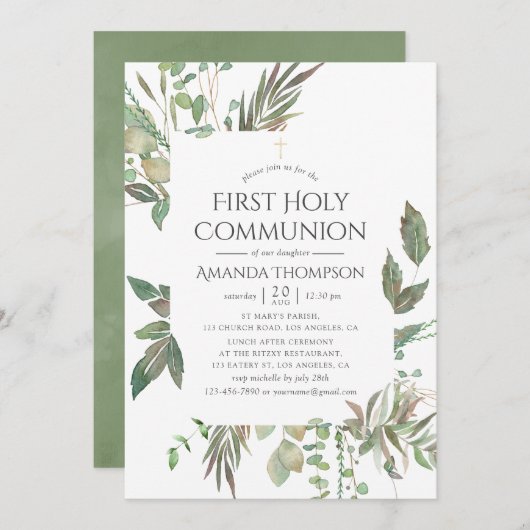 Waterverf Greenery First Heilige Communie Kaart (Voorkant / Achterkant)