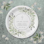 Waterverf Greenery First Heilige Communie Papieren Bordje<br><div class="desc">Met delicate waterverf bladeren en een sierlijk zilveren kruis,  kan dit chique genderneutrale bord worden gepersonaliseerd met uw speciale evenementeninformatie. Ontworpen door Thisnotme©</div>