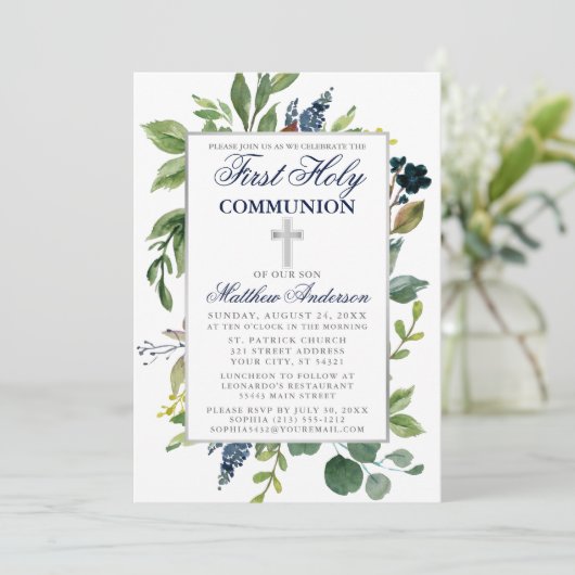 Waterverf Greenery First Heilige Communieblauw Kaart (Staand voorkant)