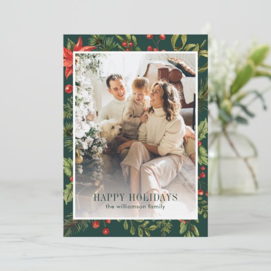 Waterverf Greenery Floral Lijst Foto Feestdagenkaart (Staand voorkant)