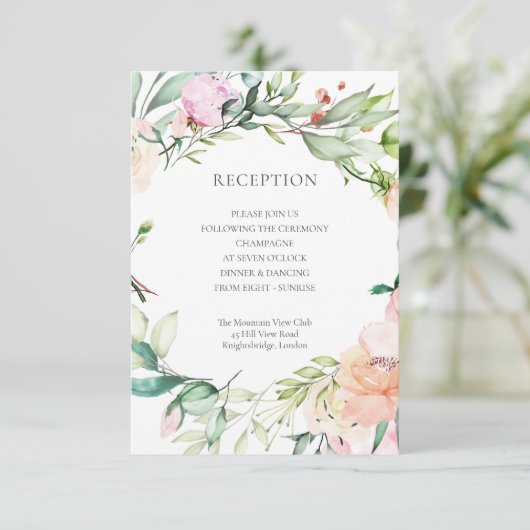 Waterverf Greenery Floral Wedding Reception Informatiekaartje (Staand voorkant)