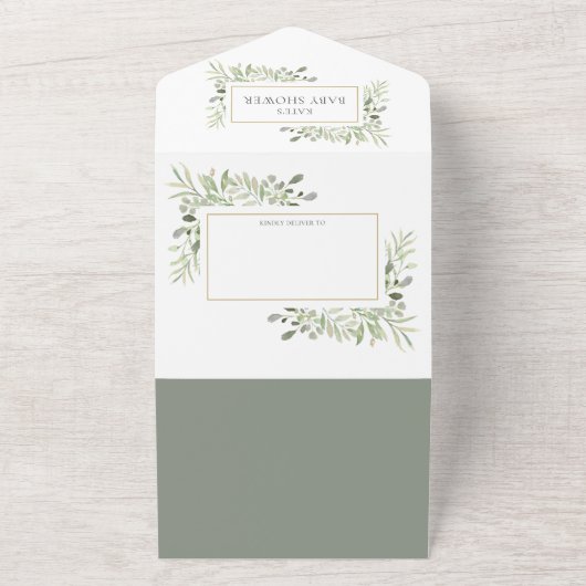 Waterverf Greenery Foliage Baby shower in één All In One Uitnodiging (Buitenkant)