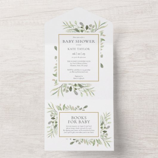 Waterverf Greenery Foliage Baby shower in één All In One Uitnodiging (Binnen)