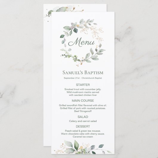 Waterverf Greenery Foliage Baptisme Menu (Voorkant / Achterkant)
