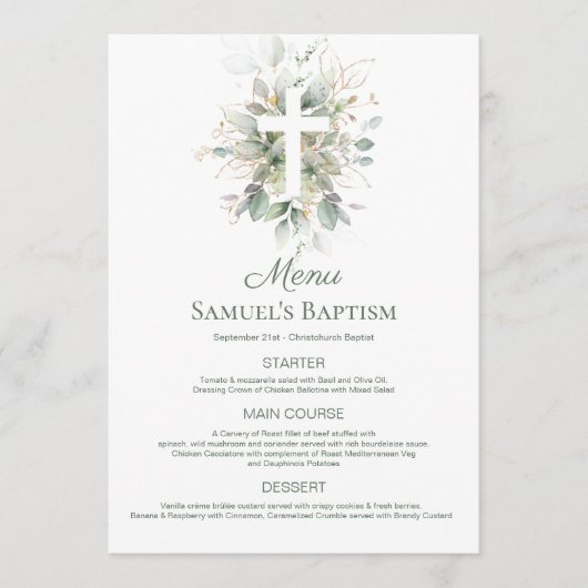 Waterverf Greenery Foliage Cross Baptism Menu (Voorkant)