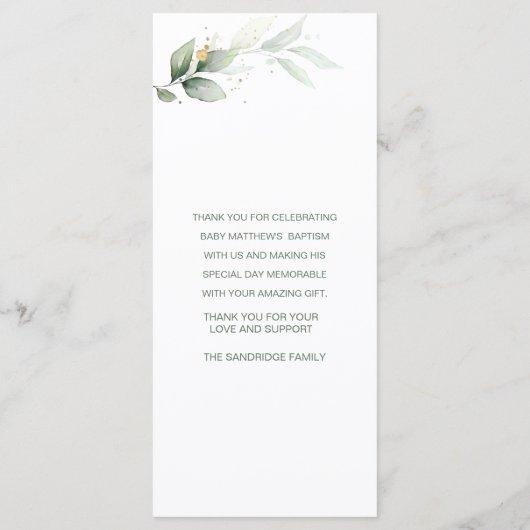 Waterverf Greenery Foliage Cross Baptism Menu (Achterkant)