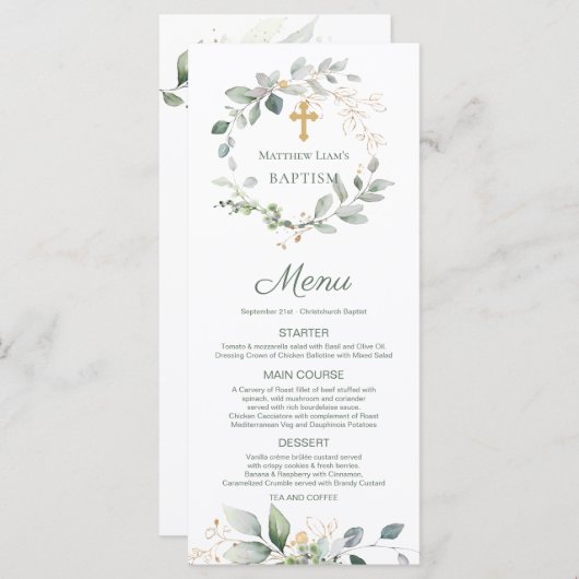 Waterverf Greenery Foliage Cross Baptism Menu (Voorkant / Achterkant)