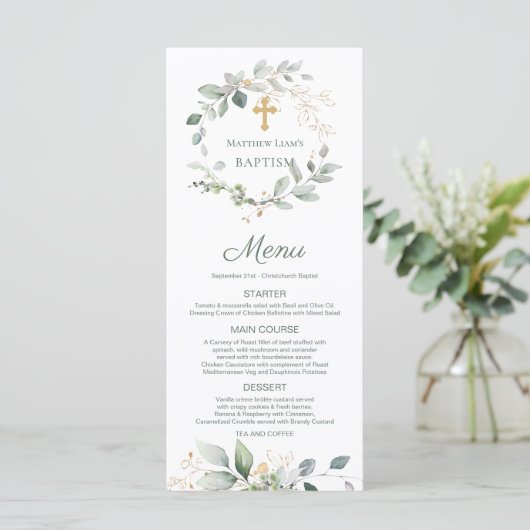 Waterverf Greenery Foliage Cross Baptism Menu (Staand voorkant)