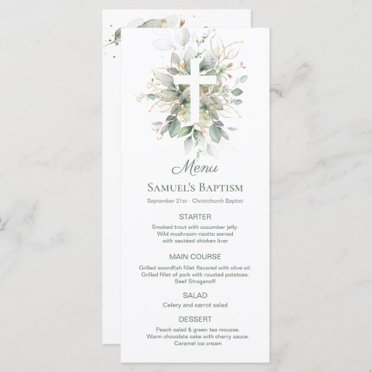 Waterverf Greenery Foliage Cross Baptism Menu (Voorkant / Achterkant)