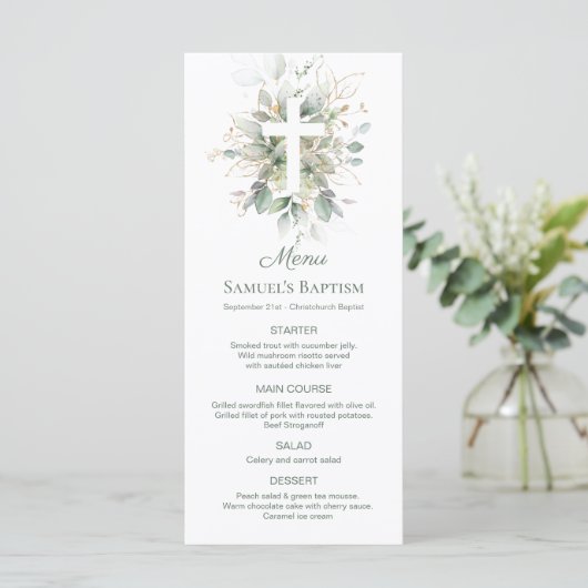Waterverf Greenery Foliage Cross Baptism Menu (Staand voorkant)