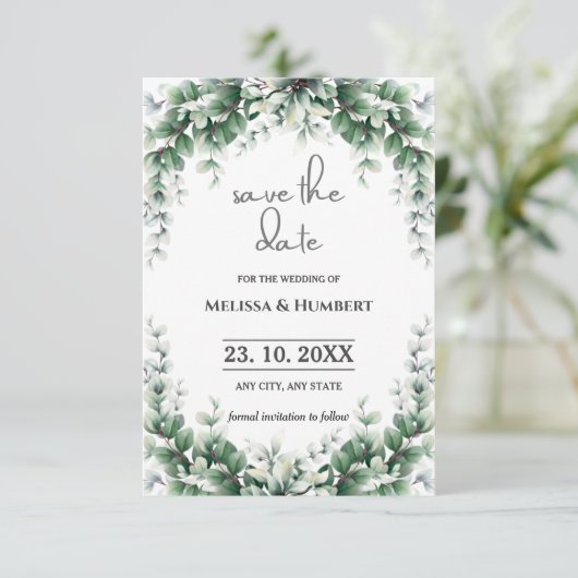 Waterverf Greenery Foliage Eucalyptus Wreath Save The Date (Staand voorkant)