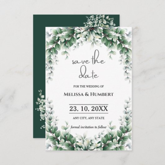 Waterverf Greenery Foliage Eucalyptus Wreath Save The Date (Voorkant / Achterkant)
