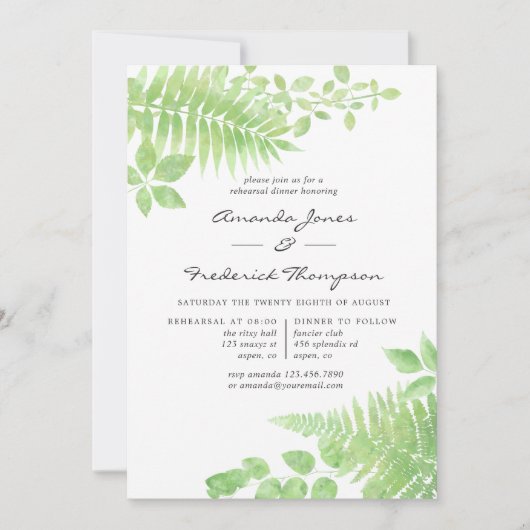 Waterverf Greenery Foliage Rehearsal Dinner Kaart (Voorkant)